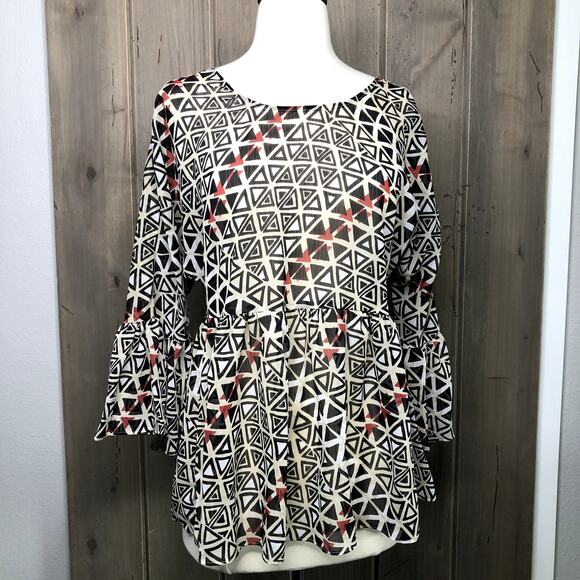 BCBG generation black & red Sheer Ruffle Blouse peplum, ruffled cuffs YJQ1685 - Picture 1 of 8